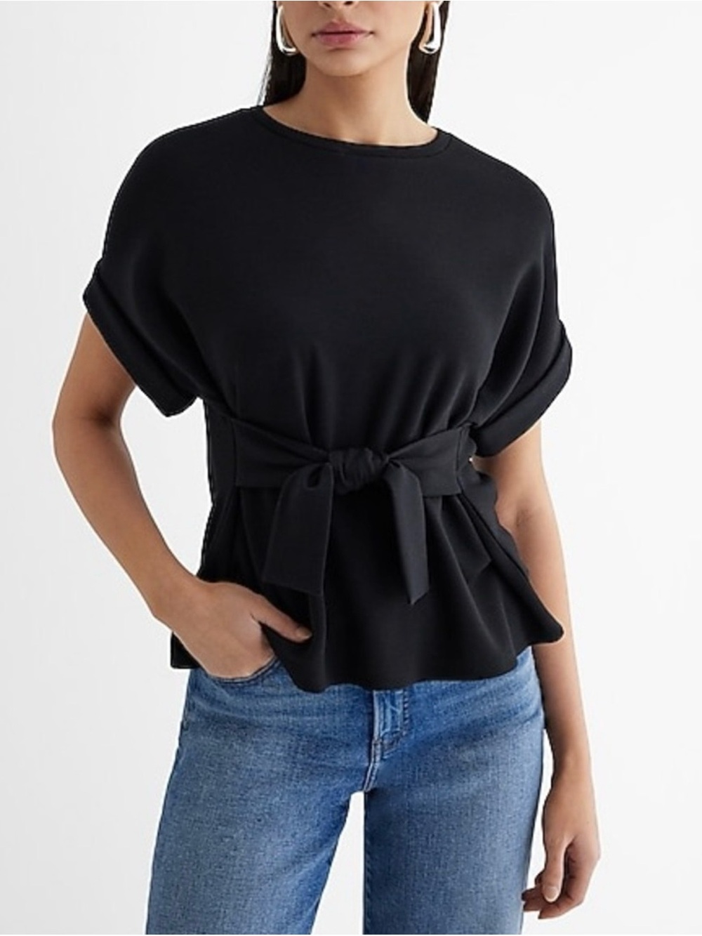 Express Black Tie-Waist Short Sleeve Top